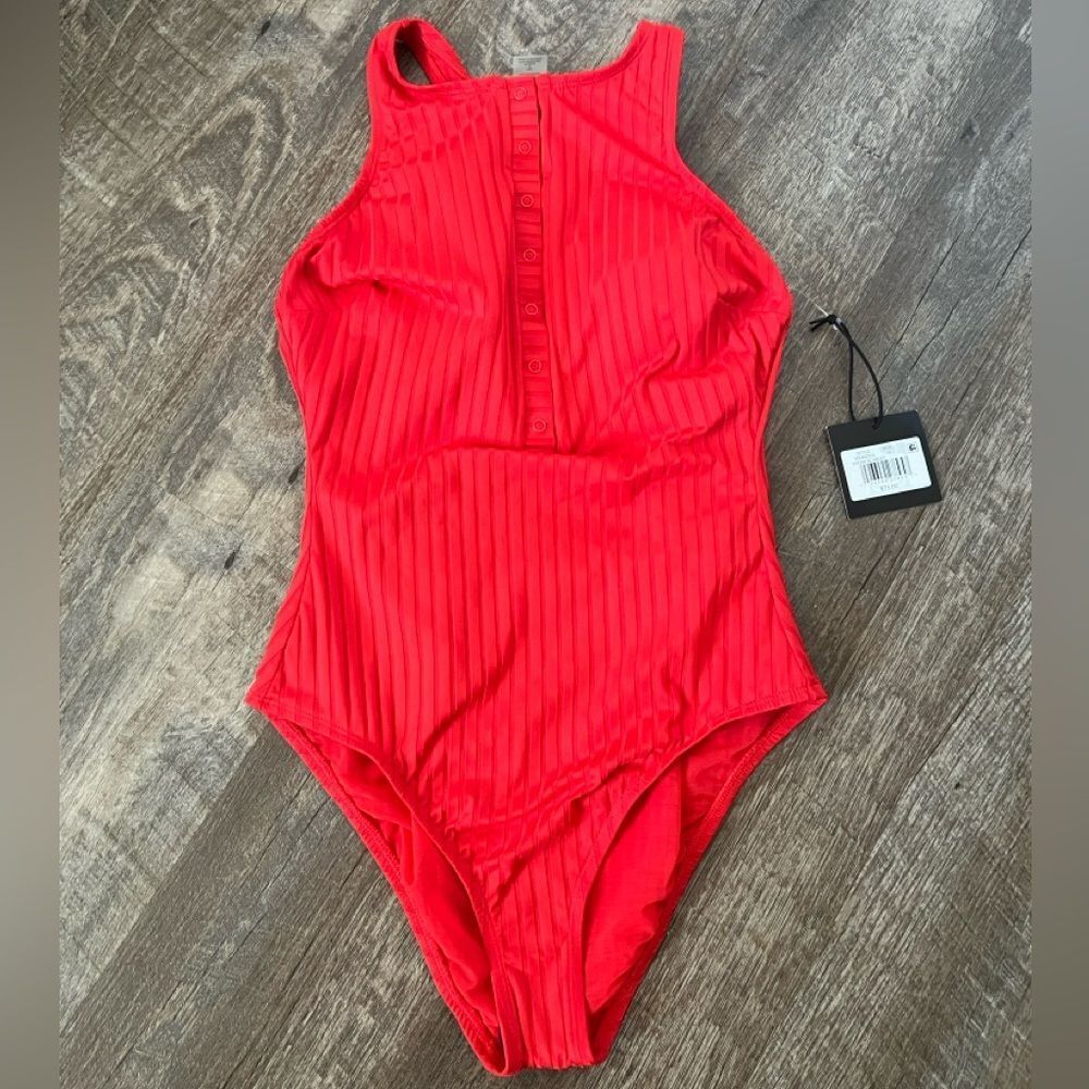 S3 Swim Smoothing Ribbed High Neck Snap Front One Piece Swimsuit- Size Medium